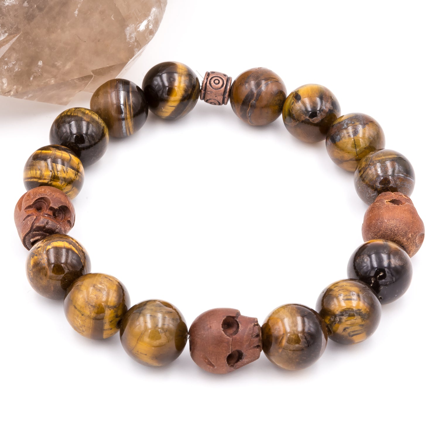 Men's Tiger Eye Wood Skulls Bracelet