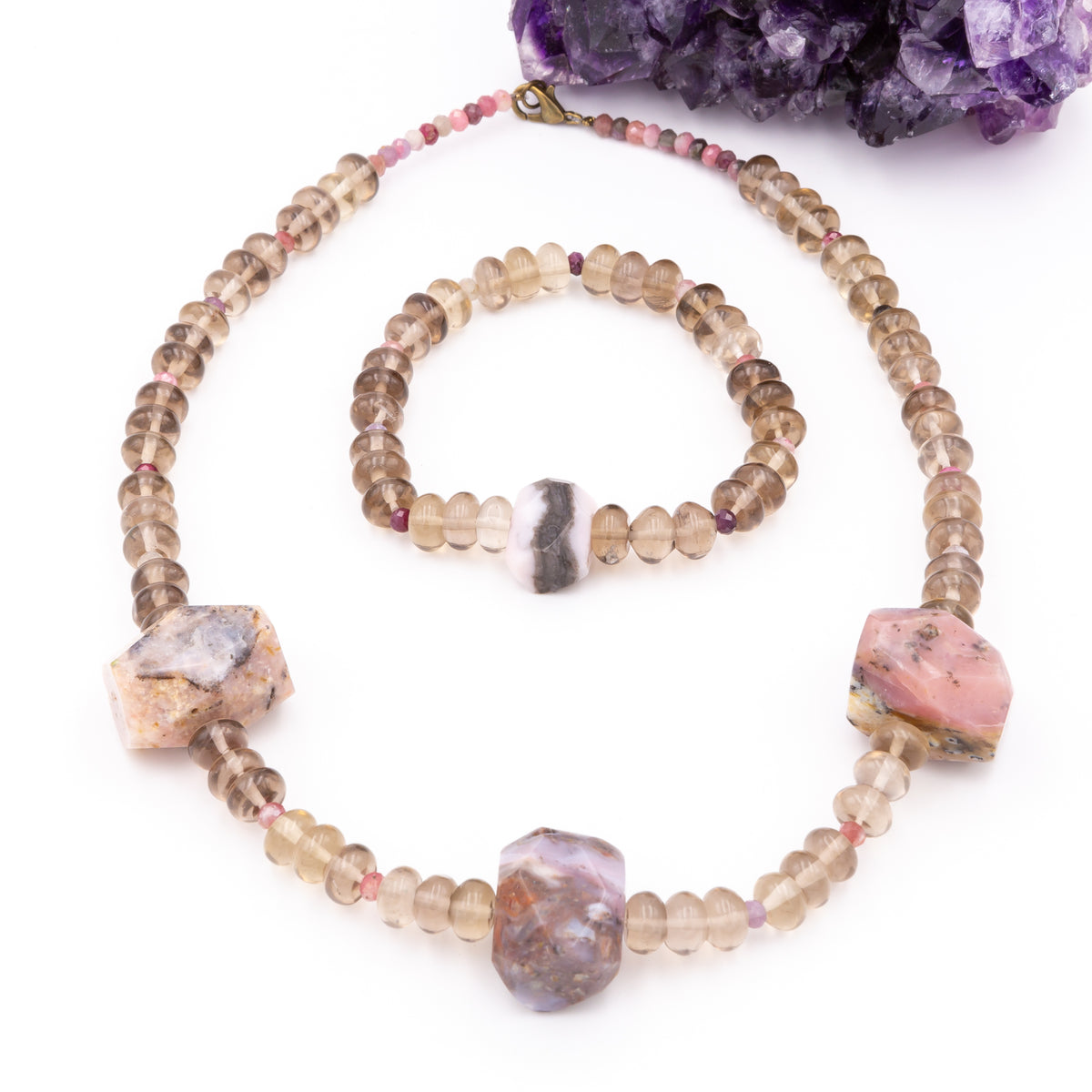 Smoky Quartz and Pink Opal Necklace