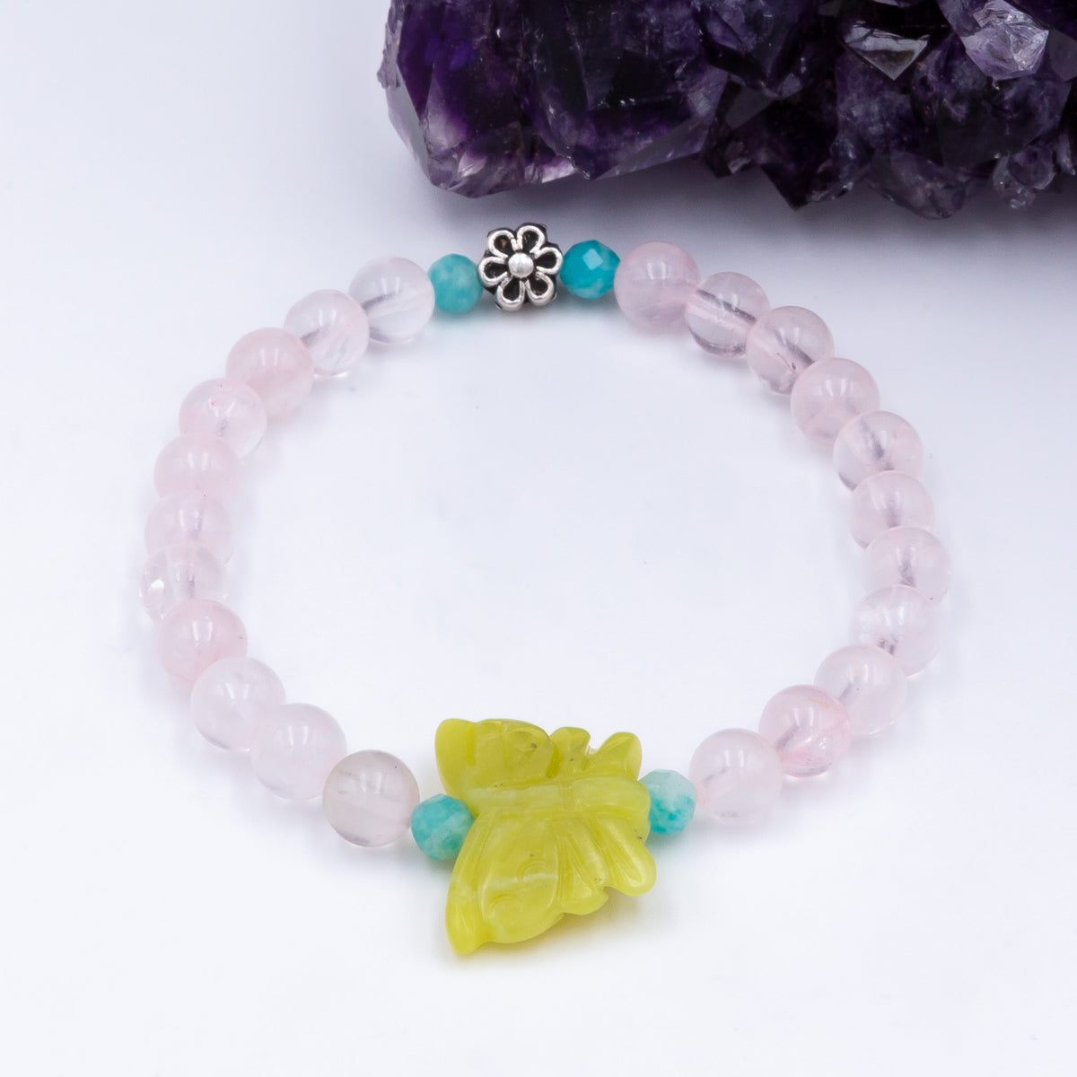 Olive Jade Butterfly and Rose Quartz Bracelet