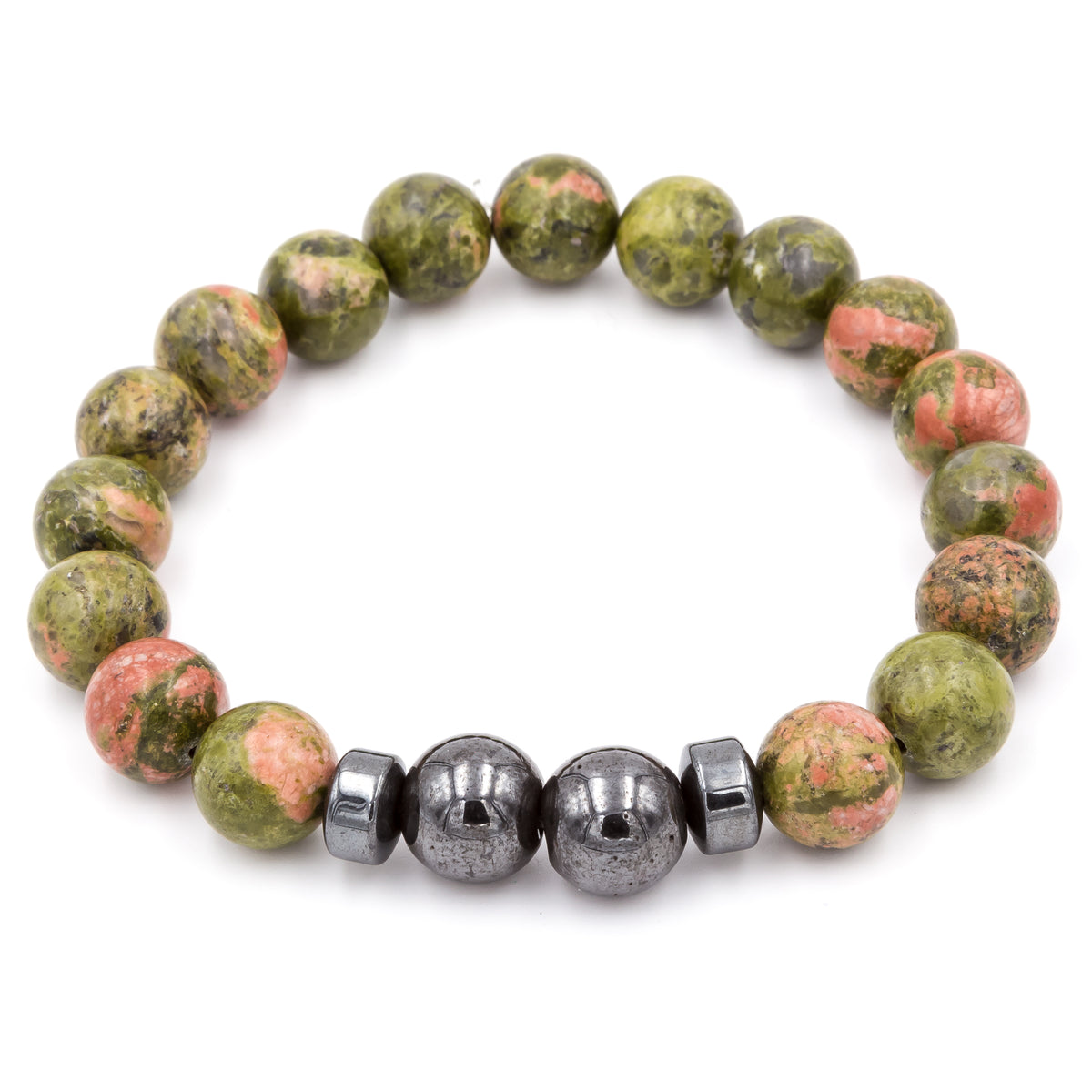 Unakite and Hematite Gemstone Bracelet by Purple Girl Designs. Handmade in Charlotte, North Carolina.