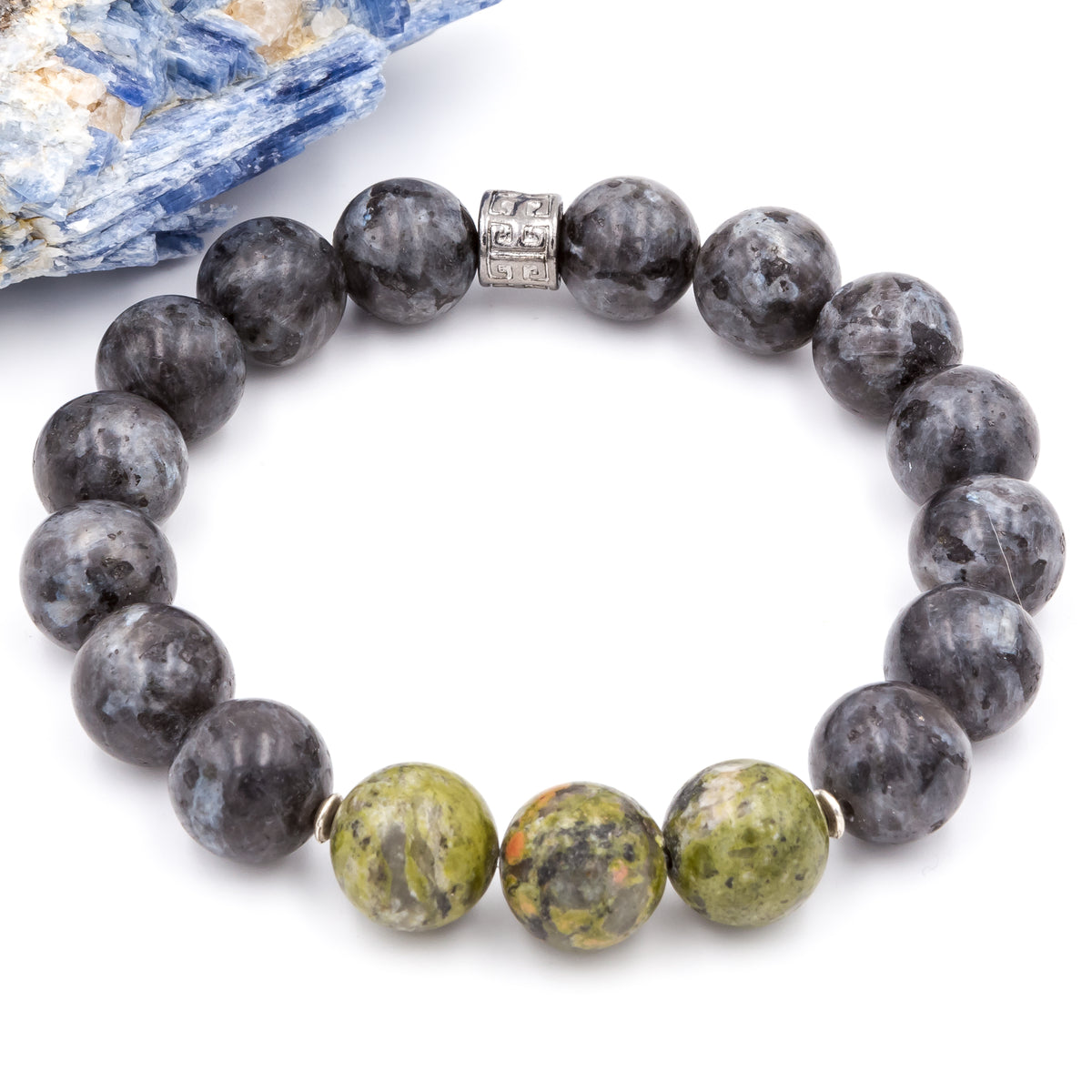 Labradorite and Unakite ManStuff Gemstone Bracelet by Purple Girl Designs. Handmade in Charlotte, North Carolina.