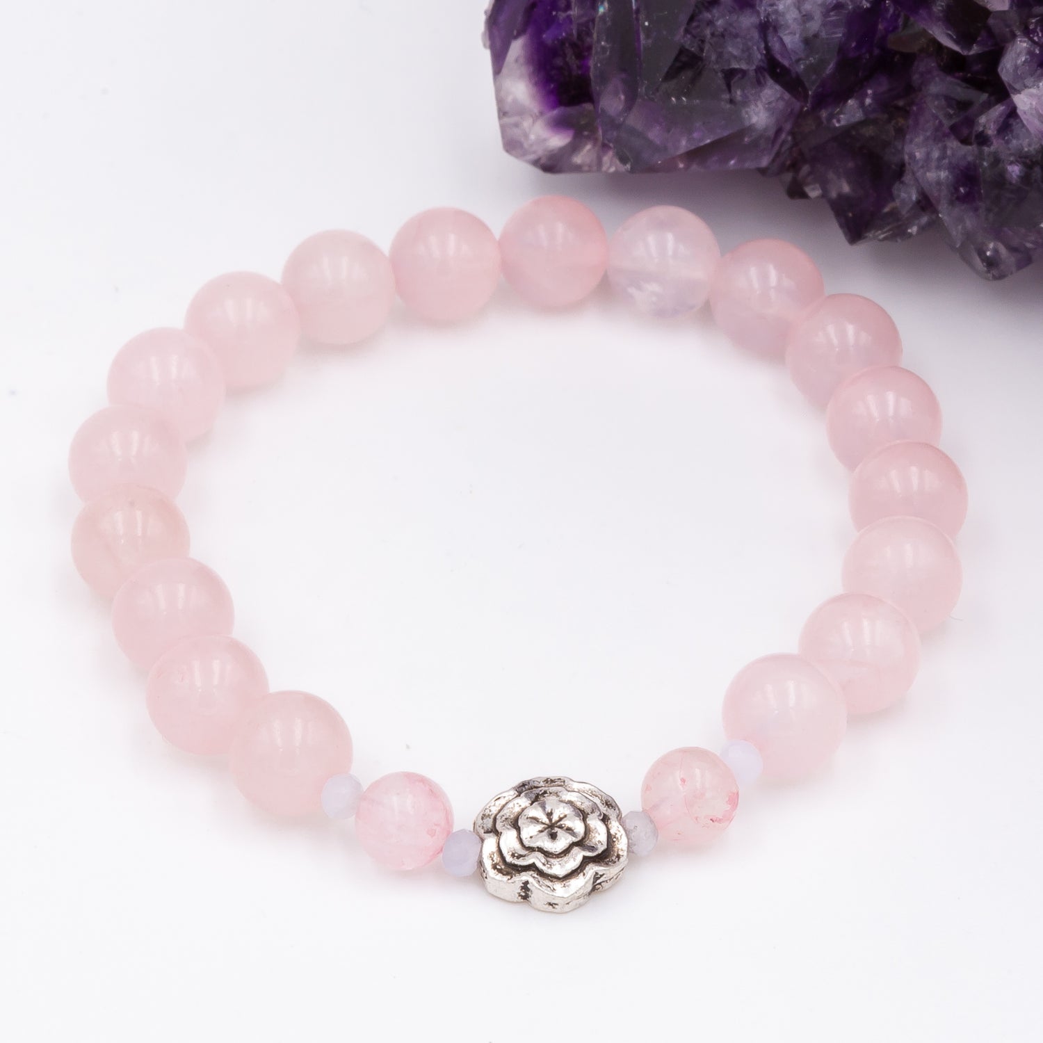 Rose Quartz Silver Rose Bracelet